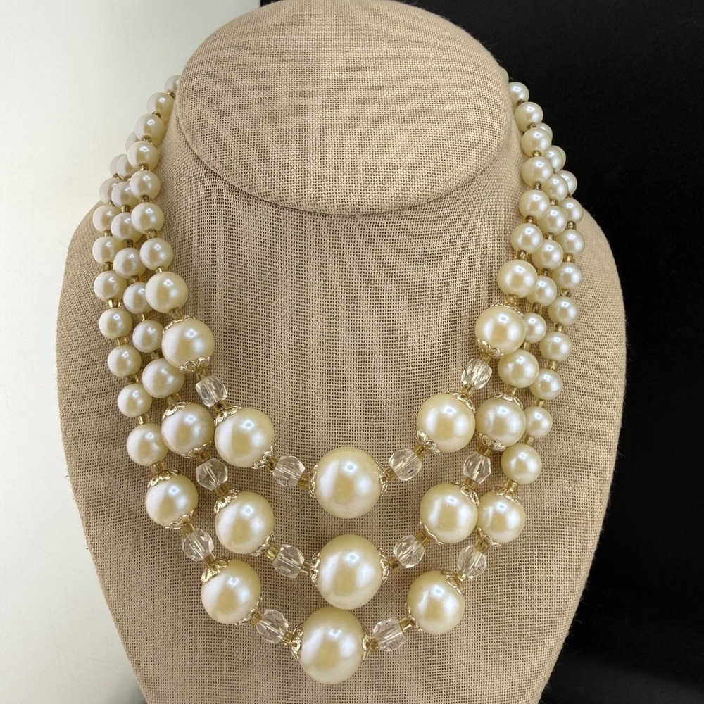 Vintage Estate Beaded Necklace 3 Strand Layered Gold Tone Adjustable 16”